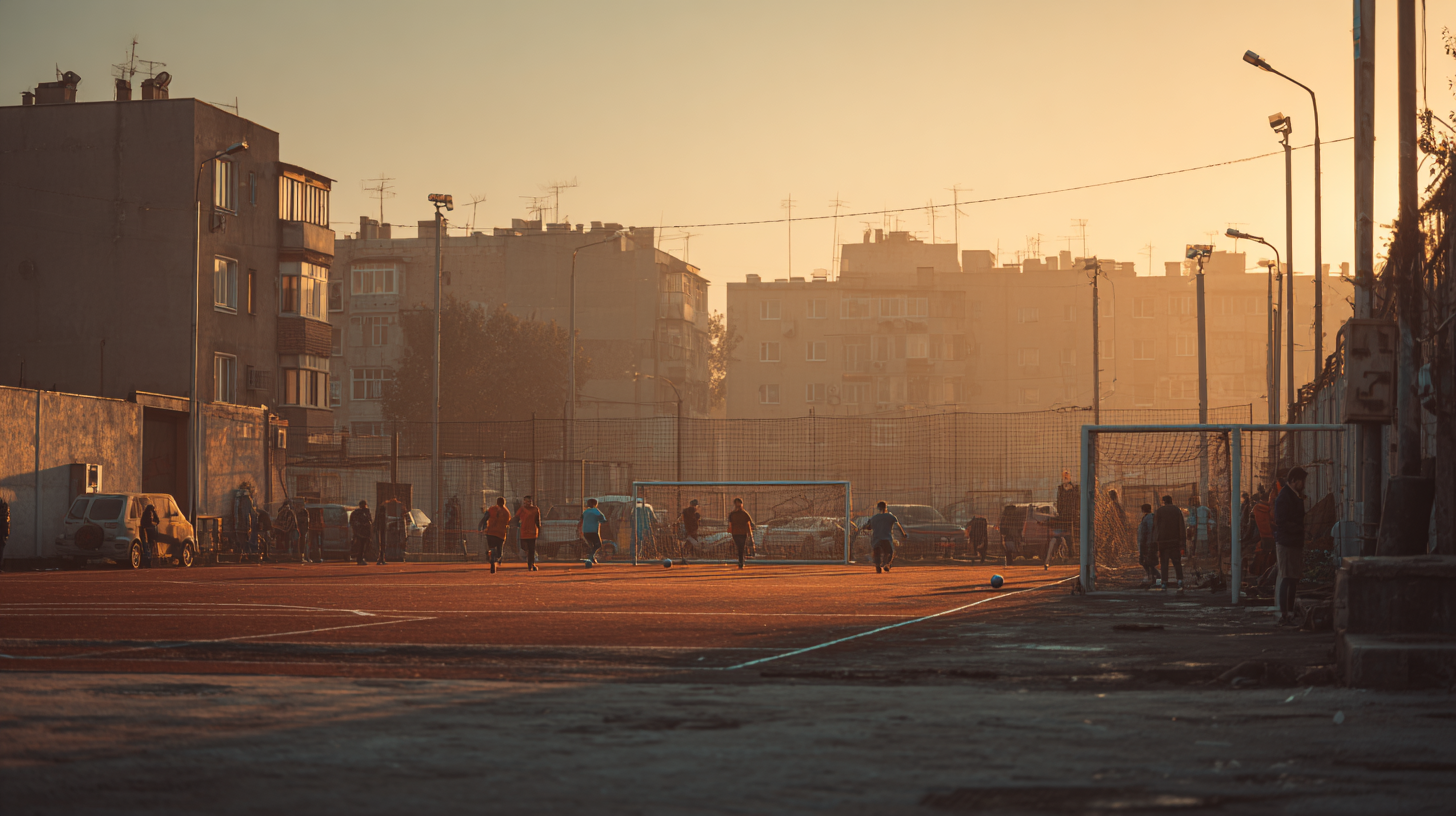 People playing football on warm dusk